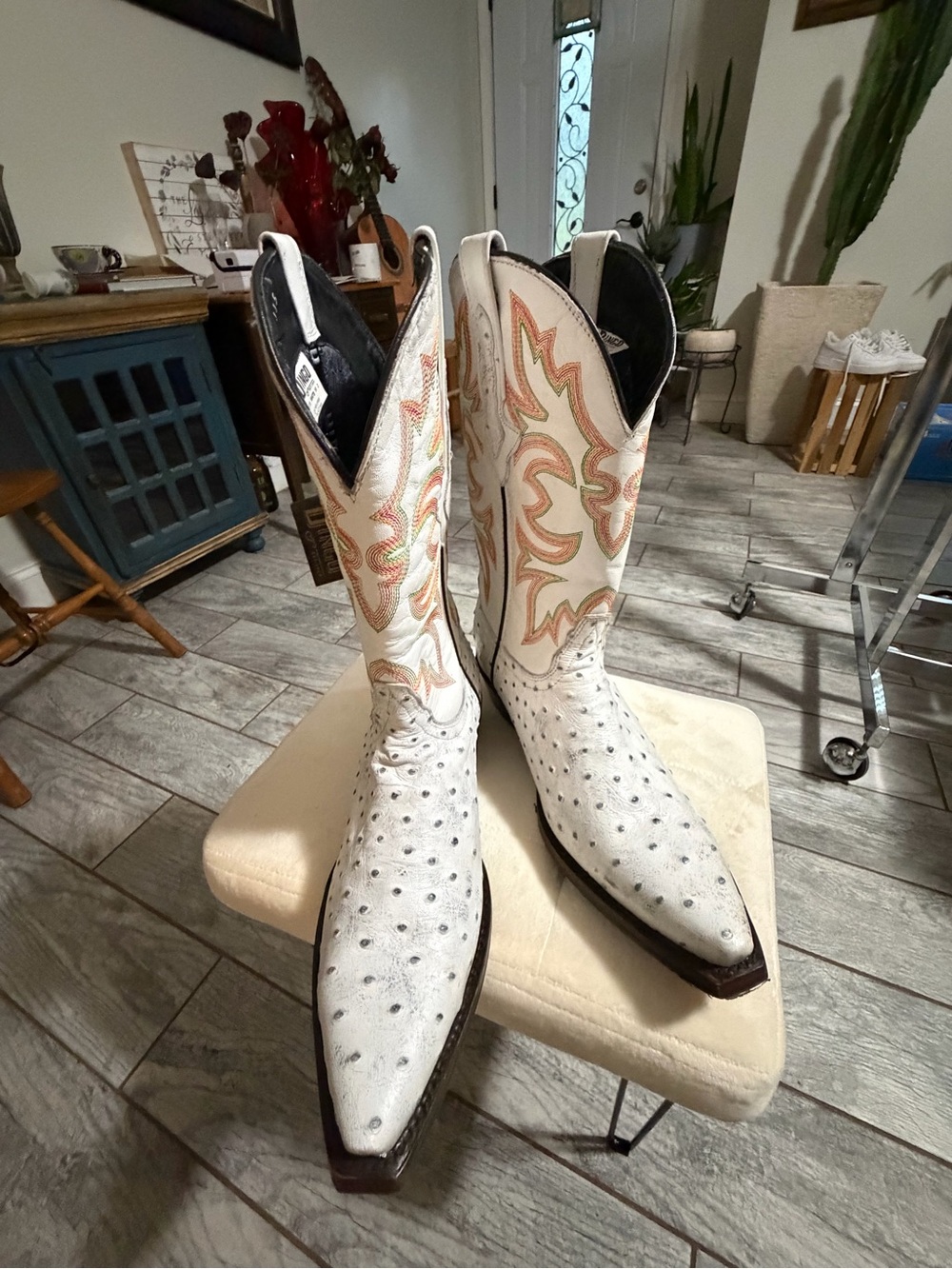 dingo White Ostrich Western Boots with Multicolor Stitching - Picture 2 of 4